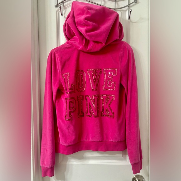 SOLD! Victoria's Secret PINK Bling Sequin LOVE PINK Logo Velour Full Zip Hoodie - Picture 9 of 16